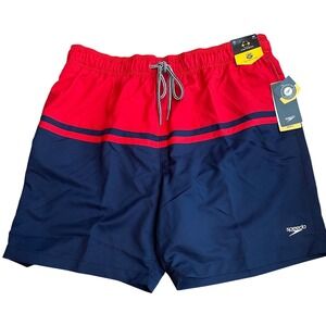 Speedo Mens Swim Trunks Navy Red Colorblock Board Shorts UPF 50+ XL 18"
